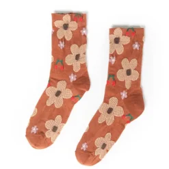 Floral Printed Texture Crew Sock - Caramel