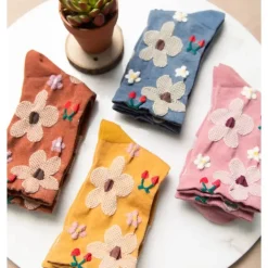 Floral Printed Texture Crew Sock - Caramel